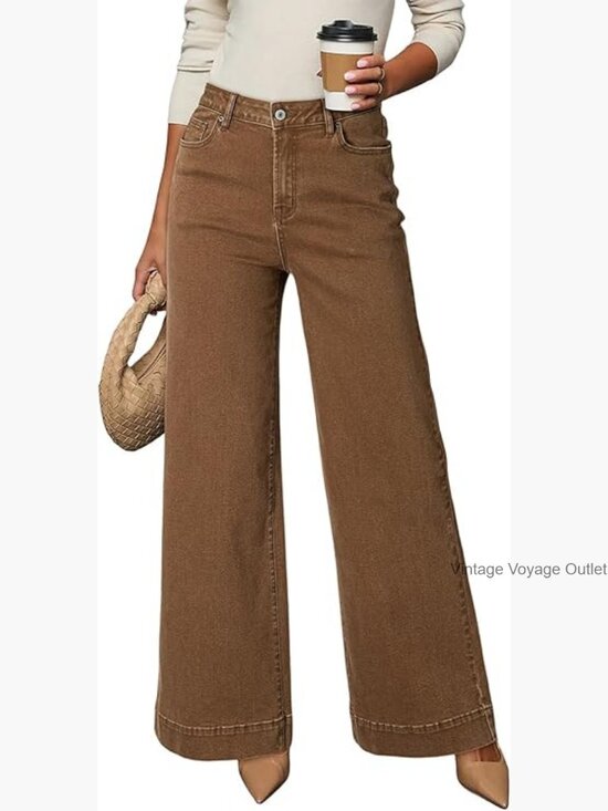 Denim - High Waisted Wide Leg Stretch Denim Pants with Pockets